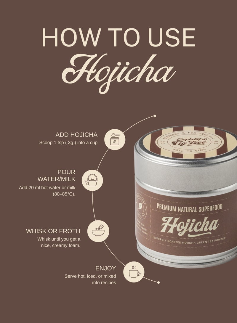 Elephant & Fig Tree Organic Japanese Hojicha Roasted Green Tea Powder 30g – Premium Natural Superfood for Lattes, Tea & Desserts - Image 3