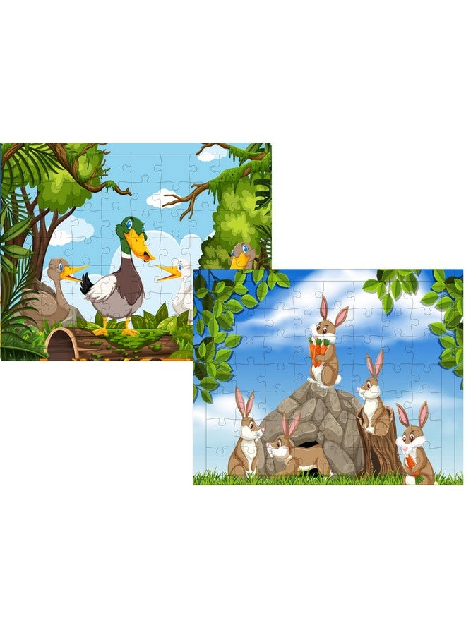 Fiddlys 54 Pcs Wood Jigsaw Puzzles for Kids & Children Age 6+ Animal World and Sea World (Duck + Bunny) - Image 1