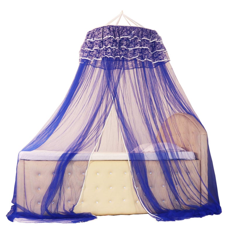 Homecute Hanging Decorative Canopy Double Bed Mosquito Net (Traditional Net Embroidery Lase Blue) - Image 1