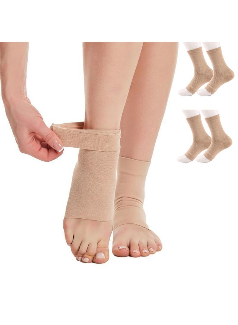 Sweet seven أكمام ضغط كاحل - عبوة 2، جورب مفتوح الأصابع للتورم، التهاب اللفافة الأخمصية، تخفيف الالتواء - للرجال والنساء، ضغط 8-15 مم زئبقي، بيج، مقاس S - Image 1
