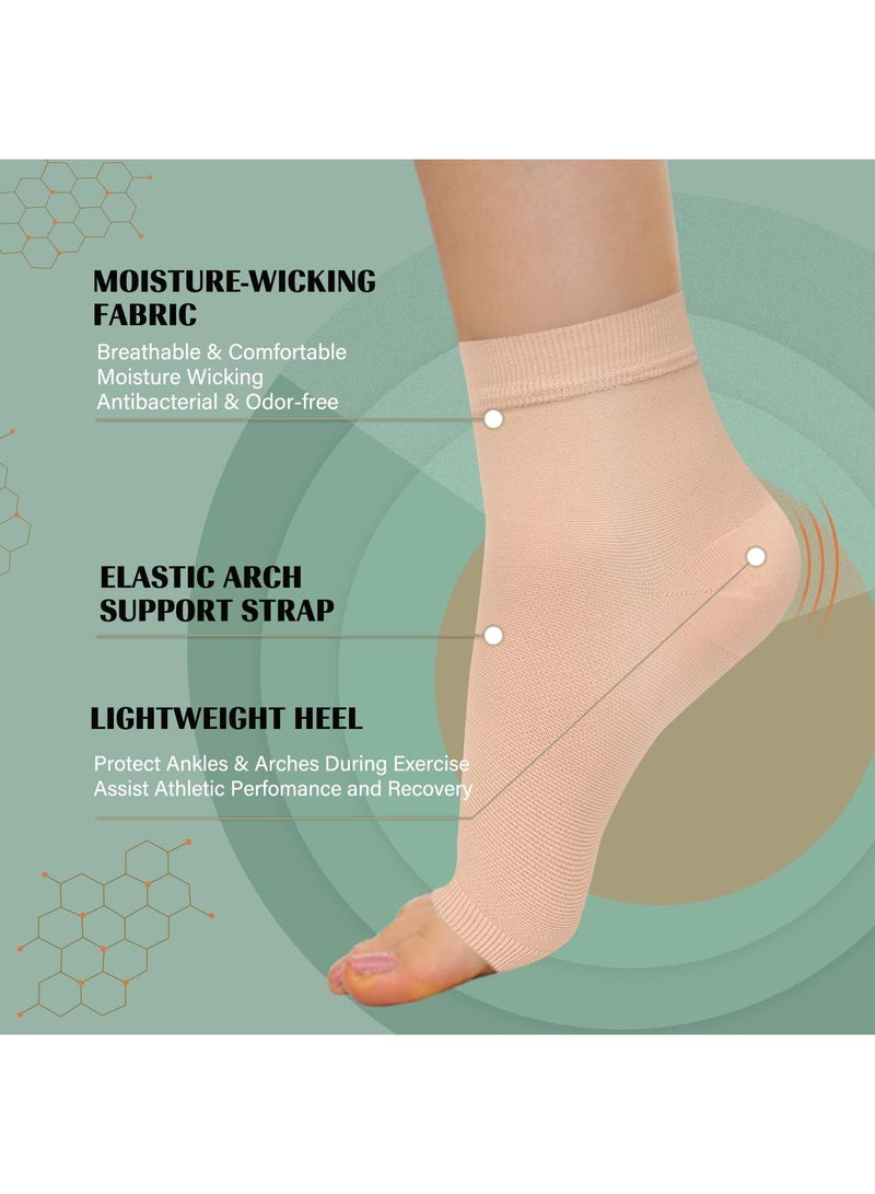 Sweet seven أكمام ضغط كاحل - عبوة 2، جورب مفتوح الأصابع للتورم، التهاب اللفافة الأخمصية، تخفيف الالتواء - للرجال والنساء، ضغط 8-15 مم زئبقي، بيج، مقاس S - Image 2