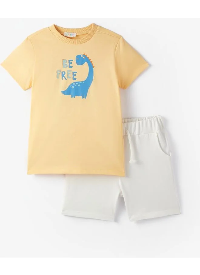 جون June Boy Dino Printed Shorts Set Yellow - Ecru