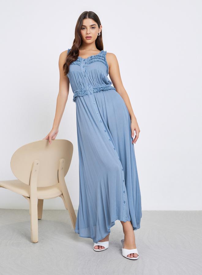 ستايلي فستان طويل بحمالات وتفاصيل كشكش - Image 1