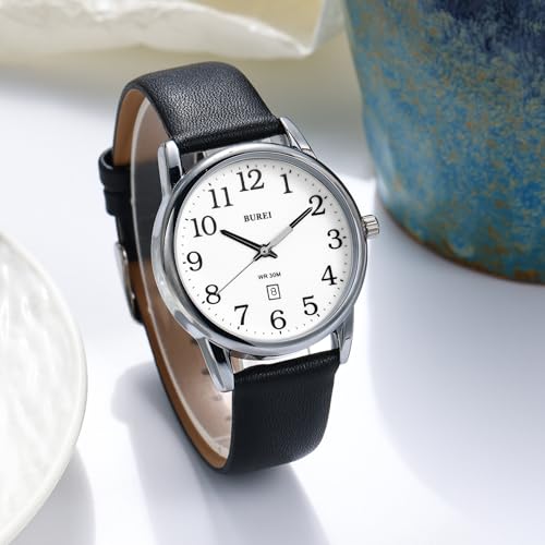 BUREI Womens Black Leather Watches Simple Fashion Watches Easy Read Mothers Day Gifts for Mom - Image 3