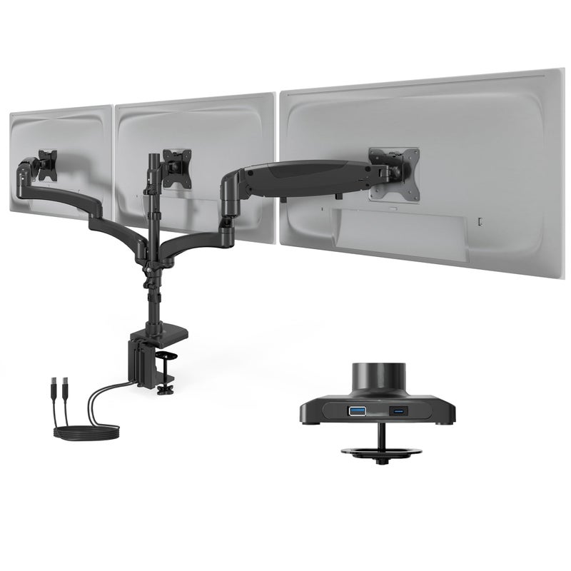 Mount-It! Triple Monitor Mount Desk Stand, 3 Monitor Desk Mount with Gas Spring Arms, Fits 13â€“32 Inch Screens up to 17.6 lbs per Arm, VESA 75 & 100, Clamp or Grommet Base, USB-A & C Ports, Black - Image 1