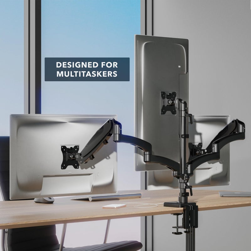 Mount-It! Triple Monitor Mount Desk Stand, 3 Monitor Desk Mount with Gas Spring Arms, Fits 13â€“32 Inch Screens up to 17.6 lbs per Arm, VESA 75 & 100, Clamp or Grommet Base, USB-A & C Ports, Black - Image 4