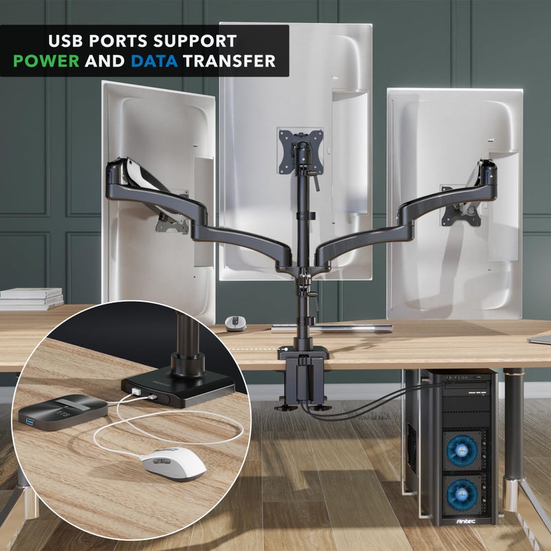 Mount-It! Triple Monitor Mount Desk Stand, 3 Monitor Desk Mount with Gas Spring Arms, Fits 13â€“32 Inch Screens up to 17.6 lbs per Arm, VESA 75 & 100, Clamp or Grommet Base, USB-A & C Ports, Black - Image 2