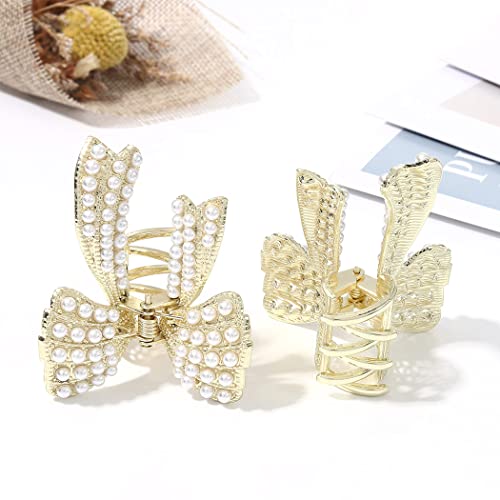 Brinie Pearl Hair Claw Clamps Gold Metal Hair Claw Clips Bowknot Hair Styling Clips Non Slip Jaw Hair Clamps Hair Accessories for Women and Girls (Pack of 2) - Image 2