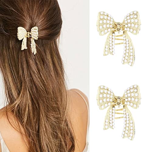 Brinie Pearl Hair Claw Clamps Gold Metal Hair Claw Clips Bowknot Hair Styling Clips Non Slip Jaw Hair Clamps Hair Accessories for Women and Girls (Pack of 2) - Image 1