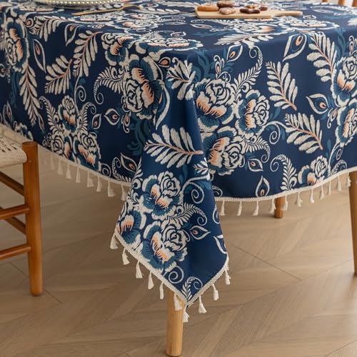 Erbnaryx Handblock Print Tablecloth for Square Tables, Blue Flower Table Cover with Fringed Edges, Decorative Tablecloth for Kitchen and Dining Room,59"x 59" - Image 1