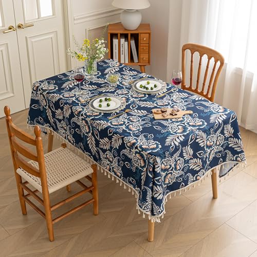 Erbnaryx Handblock Print Tablecloth for Square Tables, Blue Flower Table Cover with Fringed Edges, Decorative Tablecloth for Kitchen and Dining Room,59"x 59" - Image 2