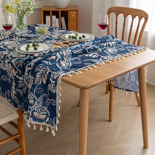 Erbnaryx Handblock Print Tablecloth for Square Tables, Blue Flower Table Cover with Fringed Edges, Decorative Tablecloth for Kitchen and Dining Room,59"x 59" - Image 3