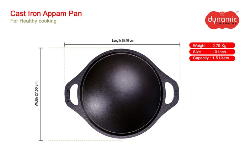 DYNAMIC COOKWARES Nonstick Even matt Finish Cast Iron Appam Pan with Glass Lid | 10 Inch/27.50 cm | Premium Pre-Seasoned Appam Patra/Chatti/Kallu/Palappam Pan, 100% Pure & Toxin-Free, Black - Image 3