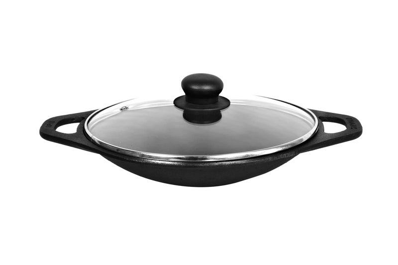 DYNAMIC COOKWARES Nonstick Even matt Finish Cast Iron Appam Pan with Glass Lid | 10 Inch/27.50 cm | Premium Pre-Seasoned Appam Patra/Chatti/Kallu/Palappam Pan, 100% Pure & Toxin-Free, Black - Image 1