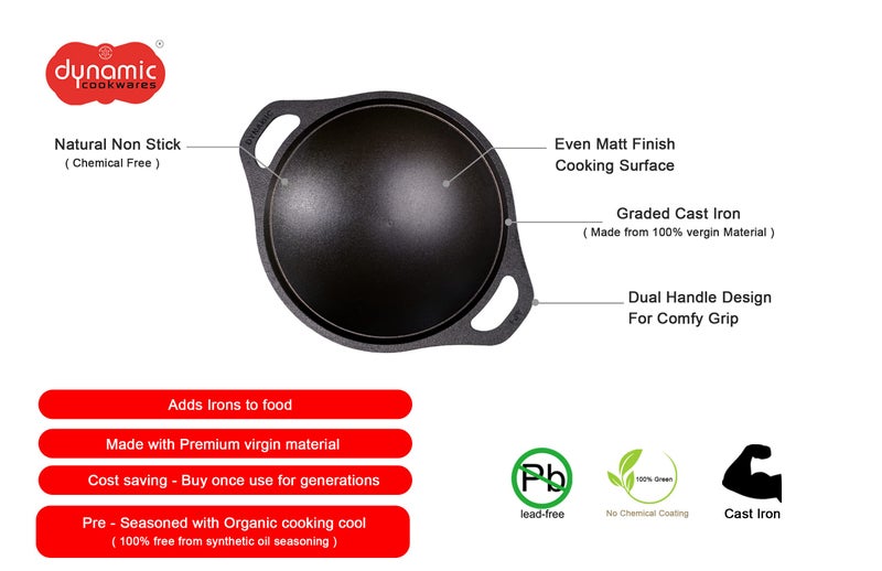 DYNAMIC COOKWARES Nonstick Even matt Finish Cast Iron Appam Pan with Glass Lid | 10 Inch/27.50 cm | Premium Pre-Seasoned Appam Patra/Chatti/Kallu/Palappam Pan, 100% Pure & Toxin-Free, Black - Image 2