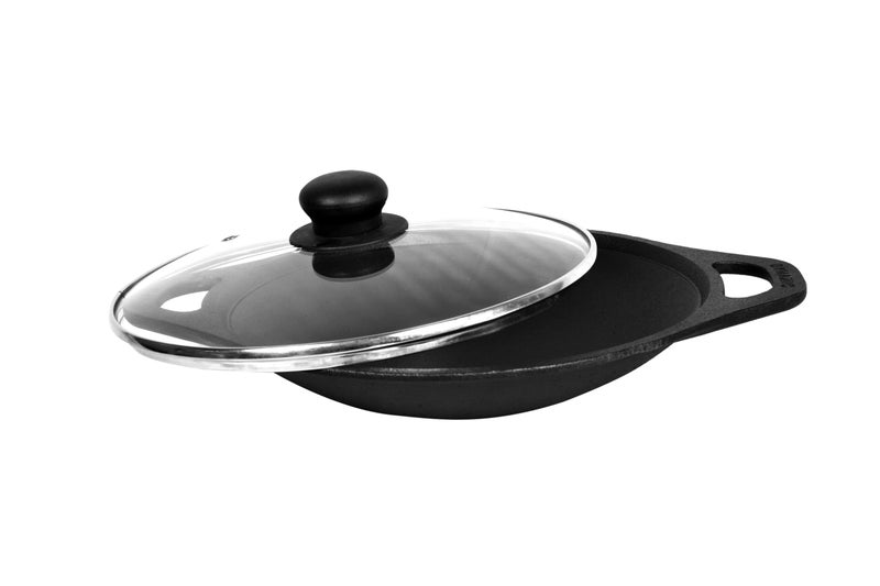 DYNAMIC COOKWARES Nonstick Even matt Finish Cast Iron Appam Pan with Glass Lid | 10 Inch/27.50 cm | Premium Pre-Seasoned Appam Patra/Chatti/Kallu/Palappam Pan, 100% Pure & Toxin-Free, Black - Image 4
