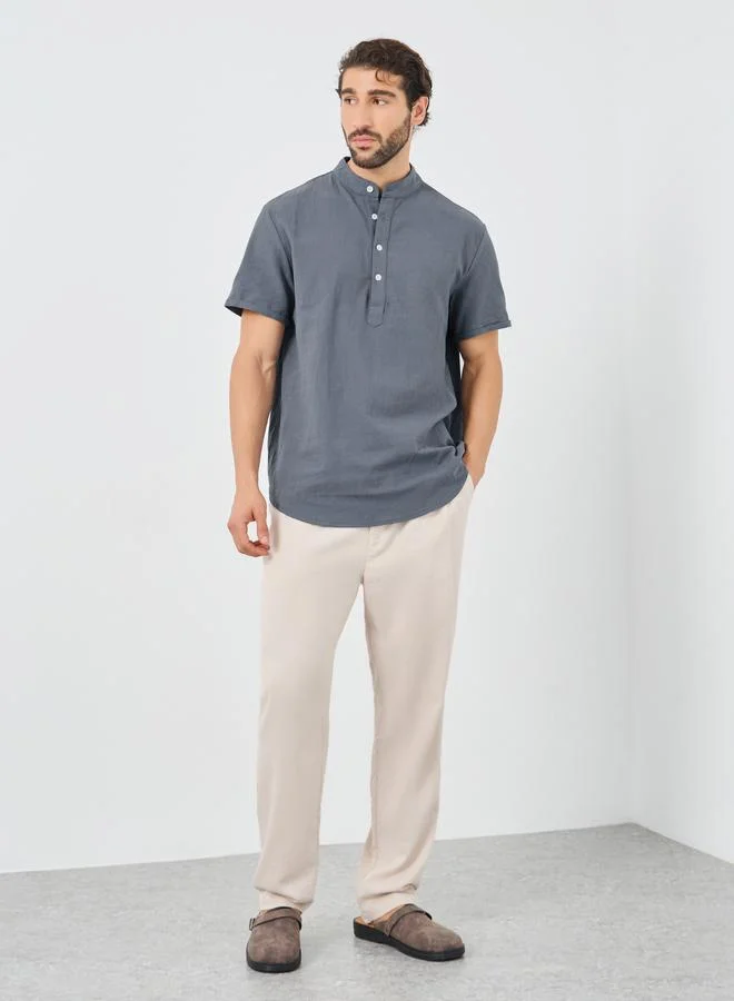 Take Two Take Two Solid Buttoned Mandarin Collar Shirt