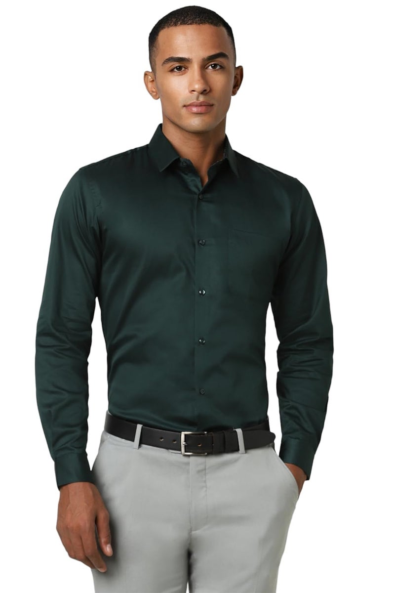 Peter England Men Premium 100% Cotton Solid Slim Fit Full Sleeve Party Shirt Dark Green, 40 - Image 1