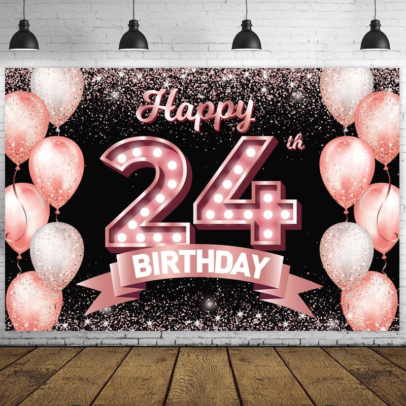 DZTRELFK Happy 24Th Birthday Rose Gold Banner Backdrop Cheers To 24 Years Old Confetti Balloons Theme Decor Decorations For Women 24 Years Old Pink Birthday Party Bday Supplies Background Favors Gift Glitter - Image 1
