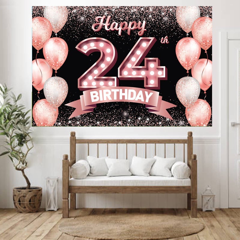 DZTRELFK Happy 24Th Birthday Rose Gold Banner Backdrop Cheers To 24 Years Old Confetti Balloons Theme Decor Decorations For Women 24 Years Old Pink Birthday Party Bday Supplies Background Favors Gift Glitter - Image 4