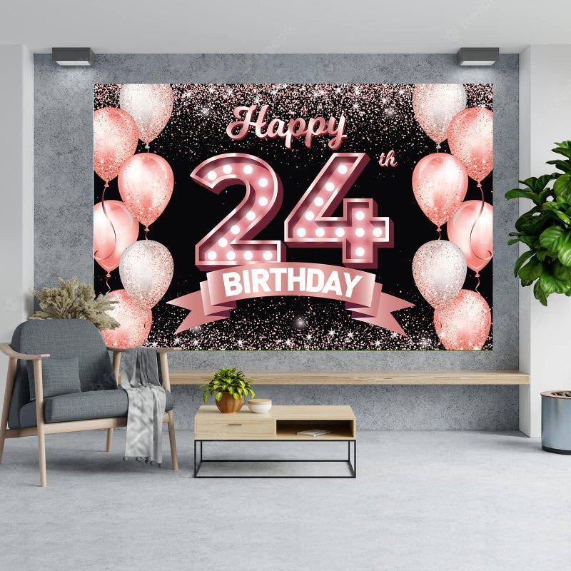 DZTRELFK Happy 24Th Birthday Rose Gold Banner Backdrop Cheers To 24 Years Old Confetti Balloons Theme Decor Decorations For Women 24 Years Old Pink Birthday Party Bday Supplies Background Favors Gift Glitter - Image 3