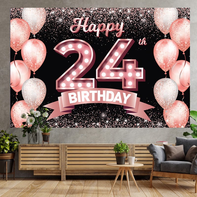DZTRELFK Happy 24Th Birthday Rose Gold Banner Backdrop Cheers To 24 Years Old Confetti Balloons Theme Decor Decorations For Women 24 Years Old Pink Birthday Party Bday Supplies Background Favors Gift Glitter - Image 5