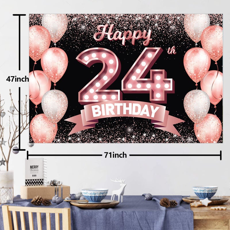 DZTRELFK Happy 24Th Birthday Rose Gold Banner Backdrop Cheers To 24 Years Old Confetti Balloons Theme Decor Decorations For Women 24 Years Old Pink Birthday Party Bday Supplies Background Favors Gift Glitter - Image 2