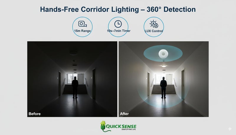 Quick Sense QS-08 | 360° Ceiling PIR Motion Sensor | Ultra Slim 1-Inch Profile | Adjustable Light Sensor & Timer | Indoor Use | Energy Saving Detector | Pack of 1 - Image 2