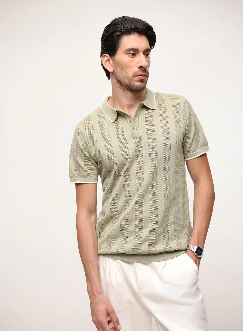 Dennis Lingo Olive 100% Cotton Textured Relaxed Polo T-Shirt For Men