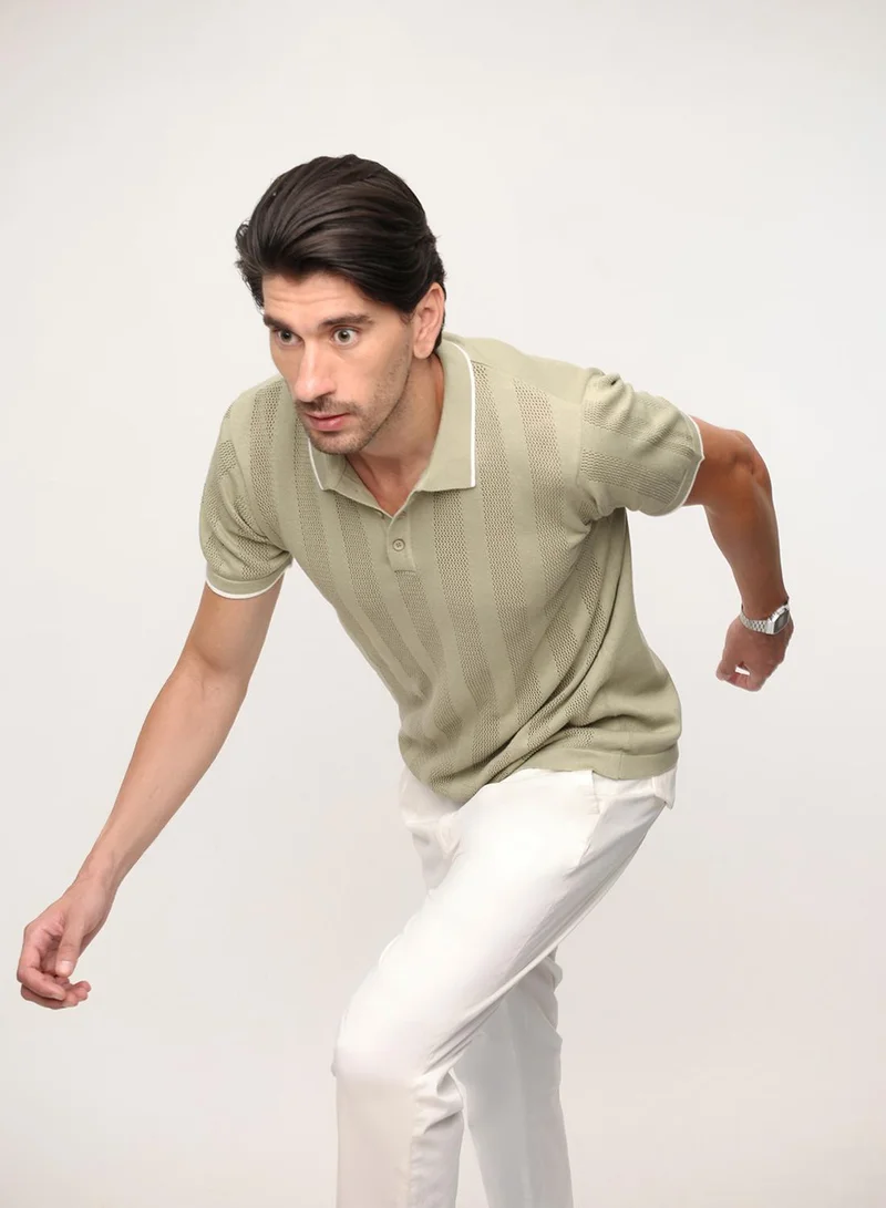 Dennis Lingo Olive 100% Cotton Textured Relaxed Polo T-Shirt For Men