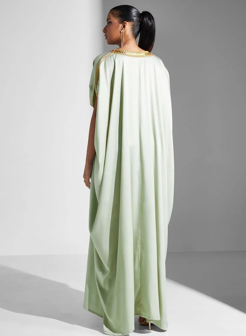 MAISON ARABELLE Embellished V-Neck Front Slit Jalabiya