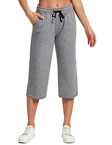 SPECIALMAGIC Women Capri Pants Cotton Yoga Wide Leg Pajama Pants Capris Sweatpants Sports Heather Grey Medium - Image 1