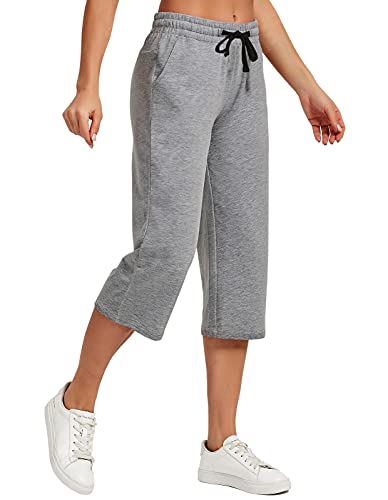 SPECIALMAGIC Women Capri Pants Cotton Yoga Wide Leg Pajama Pants Capris Sweatpants Sports Heather Grey Medium - Image 2