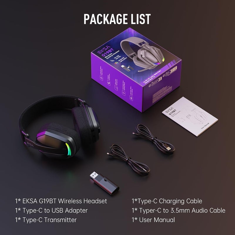 EKSA 2.4GHz Wireless Gaming Headset for PS5/PS4, PC, Switch, Mac, Bluetooth 5.4 Gaming Headphones with Noise Cancelling Microphone, 169g Ultralight, RGB, Type-C, 35H Battery, Wired Computer Headphones - Image 5