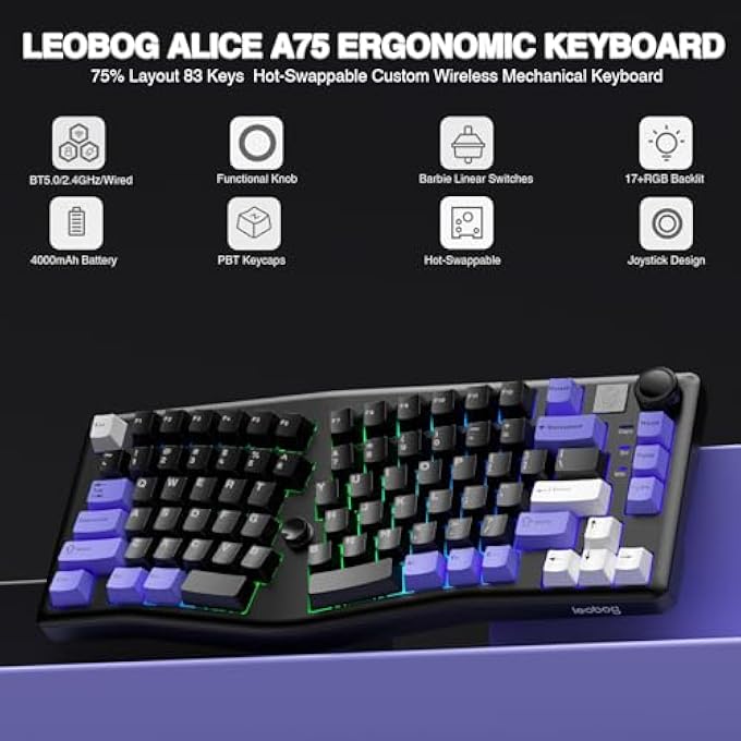 Leobog X LEOBOG A75 ALICE ERGONOMIC KEYBOARD, BT5.0/2.4G THREE MODE WIRELESS MECHANICAL GAMING KEYBOARD/WIRED WITH JOYSTICK AND KNOB, 75% DESIGN RGB BACKLIT SWITCHES - Image 2