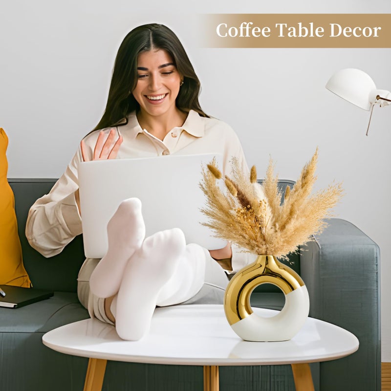 f + j's FJS Ceramic Donut Vase  8"" L x 8"" H White and Gold Round Vase for Pampas Grass  Nordic Modern Vases for Decor  Ceramic Vase Centerpieces for Wedding  Bedroom  Living Room  Coffee Table  Office - Image 5