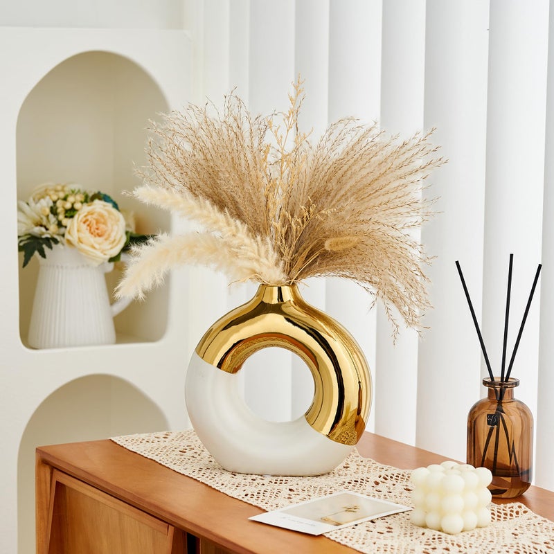 f + j's FJS Ceramic Donut Vase  8"" L x 8"" H White and Gold Round Vase for Pampas Grass  Nordic Modern Vases for Decor  Ceramic Vase Centerpieces for Wedding  Bedroom  Living Room  Coffee Table  Office - Image 2