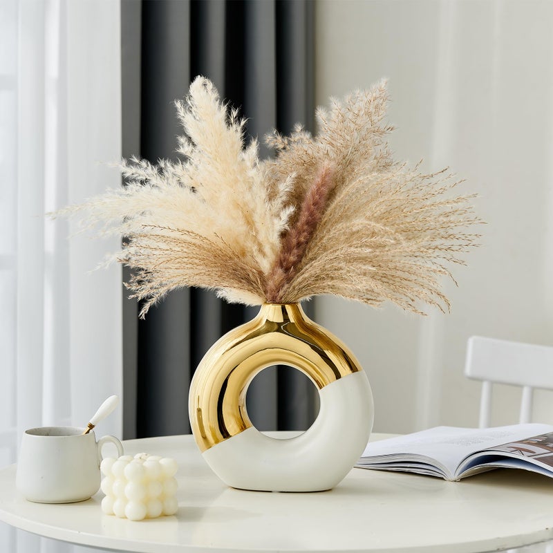 f + j's FJS Ceramic Donut Vase  8"" L x 8"" H White and Gold Round Vase for Pampas Grass  Nordic Modern Vases for Decor  Ceramic Vase Centerpieces for Wedding  Bedroom  Living Room  Coffee Table  Office - Image 3