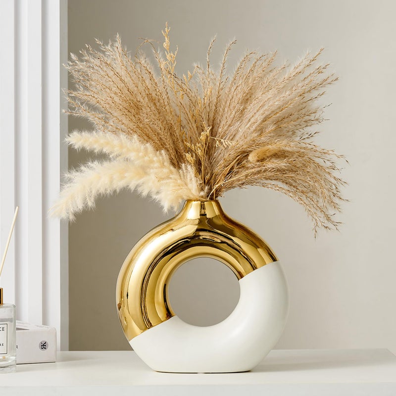 f + j's FJS Ceramic Donut Vase  8"" L x 8"" H White and Gold Round Vase for Pampas Grass  Nordic Modern Vases for Decor  Ceramic Vase Centerpieces for Wedding  Bedroom  Living Room  Coffee Table  Office - Image 1