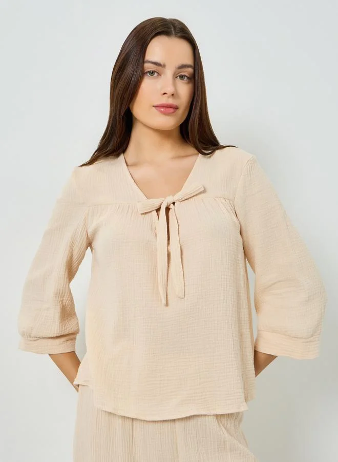 Styli Double Gauze Cotton Tie Front Top and Wide Leg Pyjama Set