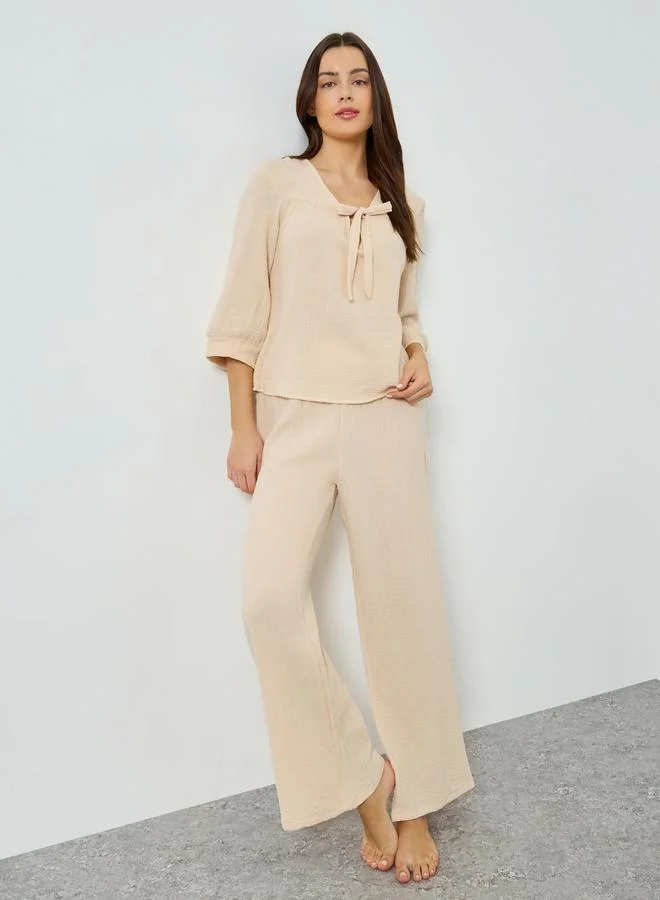 Styli Double Gauze Cotton Tie Front Top and Wide Leg Pyjama Set
