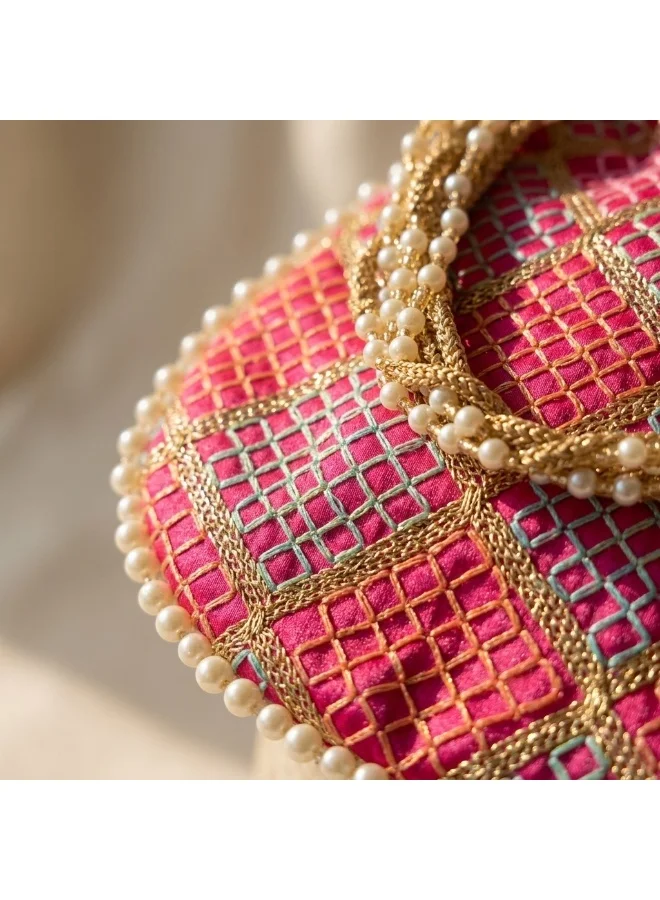 Mobcos Mobcos Pink Gold Chex Mirror Work Potli Bag Mobcos Pink Gold Chex Handcrafted Indian Embroidered Mirror Work Potli Bag for Women | Premium Silk Blend Ethnic Drawstring Handbag with Pearl Handle | Wedding, Bridal, Party & Festive Purse for Women | Best Price UAE