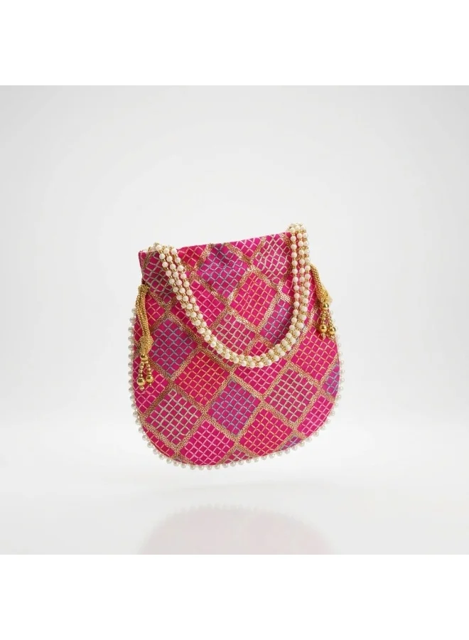 Mobcos Mobcos Pink Gold Chex Handcrafted Indian Embroidered Mirror Work Potli Bag for Women | Premium Silk Blend Ethnic Drawstring Handbag with Pearl Handle | Wedding, Bridal, Party & Festive Purse