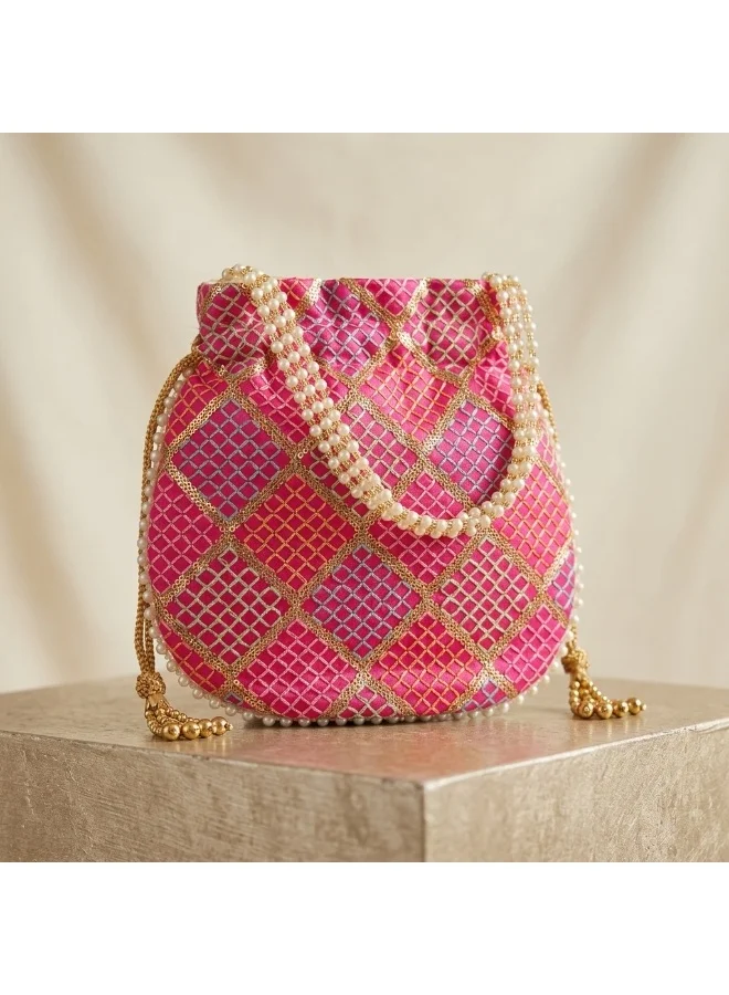 Mobcos Mobcos Pink Gold Chex Mirror Work Potli Bag Mobcos Pink Gold Chex Handcrafted Indian Embroidered Mirror Work Potli Bag for Women | Premium Silk Blend Ethnic Drawstring Handbag with Pearl Handle | Wedding, Bridal, Party & Festive Purse for Women | Best Price UAE