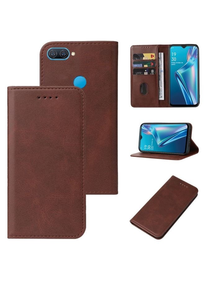 HuHa Case Cover For OPPO A12 Magnetic Closure Leather Phone Case Brown 
