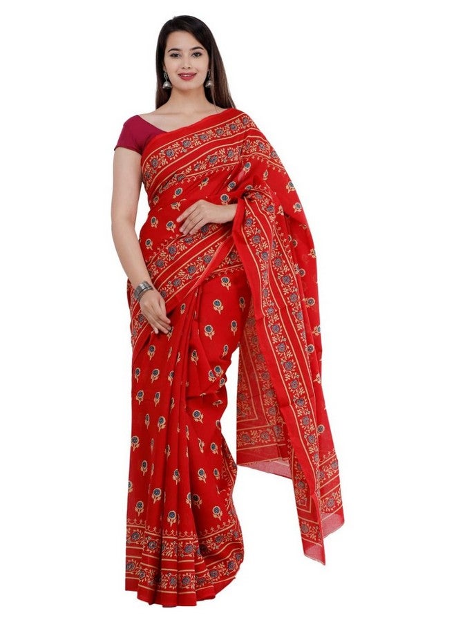 Mulmul Cotton Saree For Women's And Girls Jaipuri Print Red Colour Saree With Blouse Piece Traditional Ethnic Wear For All Occasions Soft Saree BY CRAFT MUSIUM  - Image 1