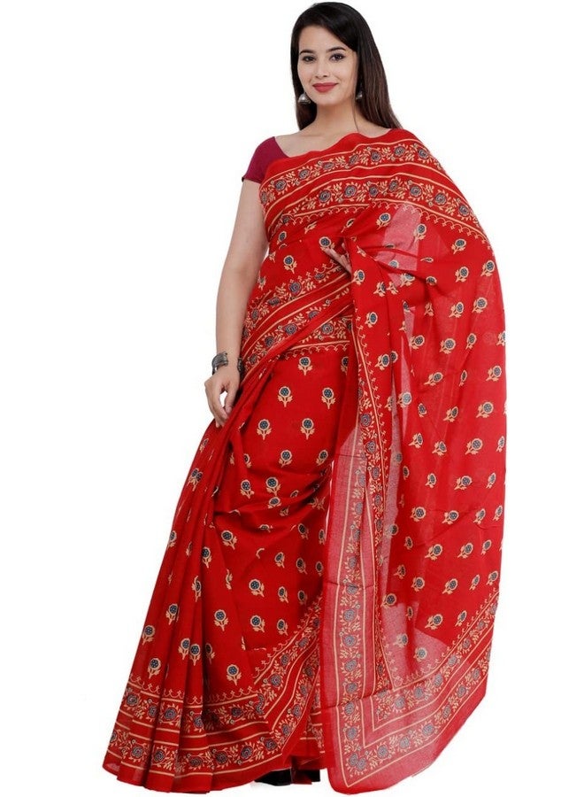 Mulmul Cotton Saree For Women's And Girls Jaipuri Print Red Colour Saree With Blouse Piece Traditional Ethnic Wear For All Occasions Soft Saree BY CRAFT MUSIUM  - Image 3