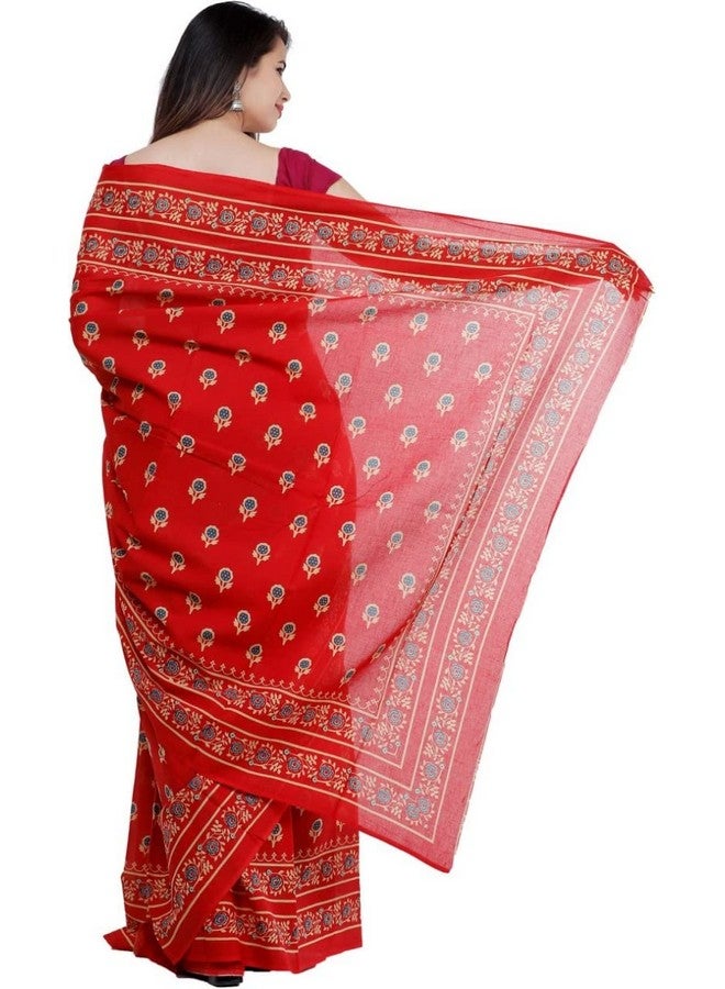 Mulmul Cotton Saree For Women's And Girls Jaipuri Print Red Colour Saree With Blouse Piece Traditional Ethnic Wear For All Occasions Soft Saree BY CRAFT MUSIUM  - Image 2