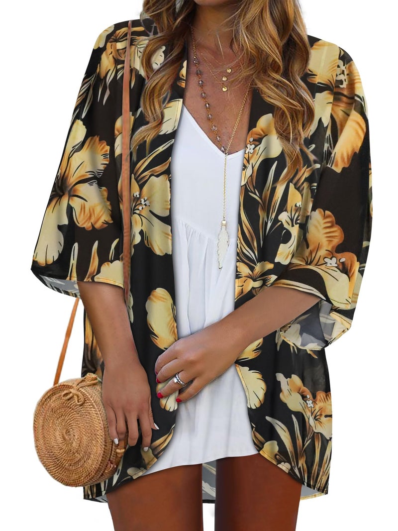rosemia Kimono Cardigans for Women Bikini Summer Tops Bathing Suit Cover Ups Hawaiian Shirts 2026 (Golden Big Flower,L) - Image 1