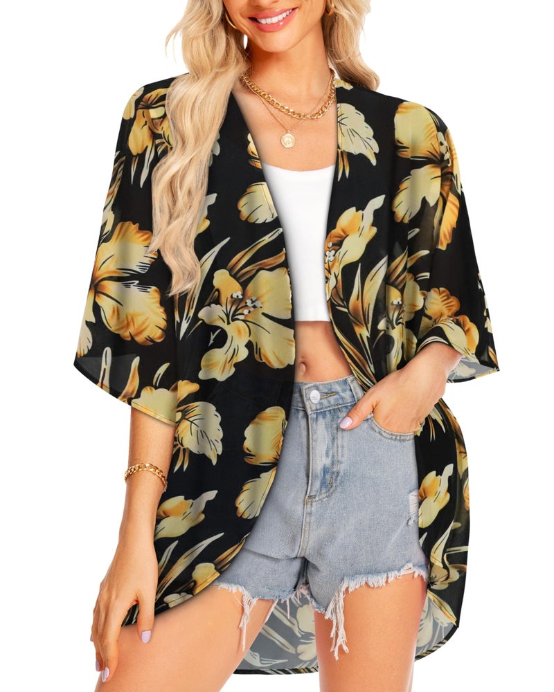 rosemia Kimono Cardigans for Women Bikini Summer Tops Bathing Suit Cover Ups Hawaiian Shirts 2026 (Golden Big Flower,L) - Image 2